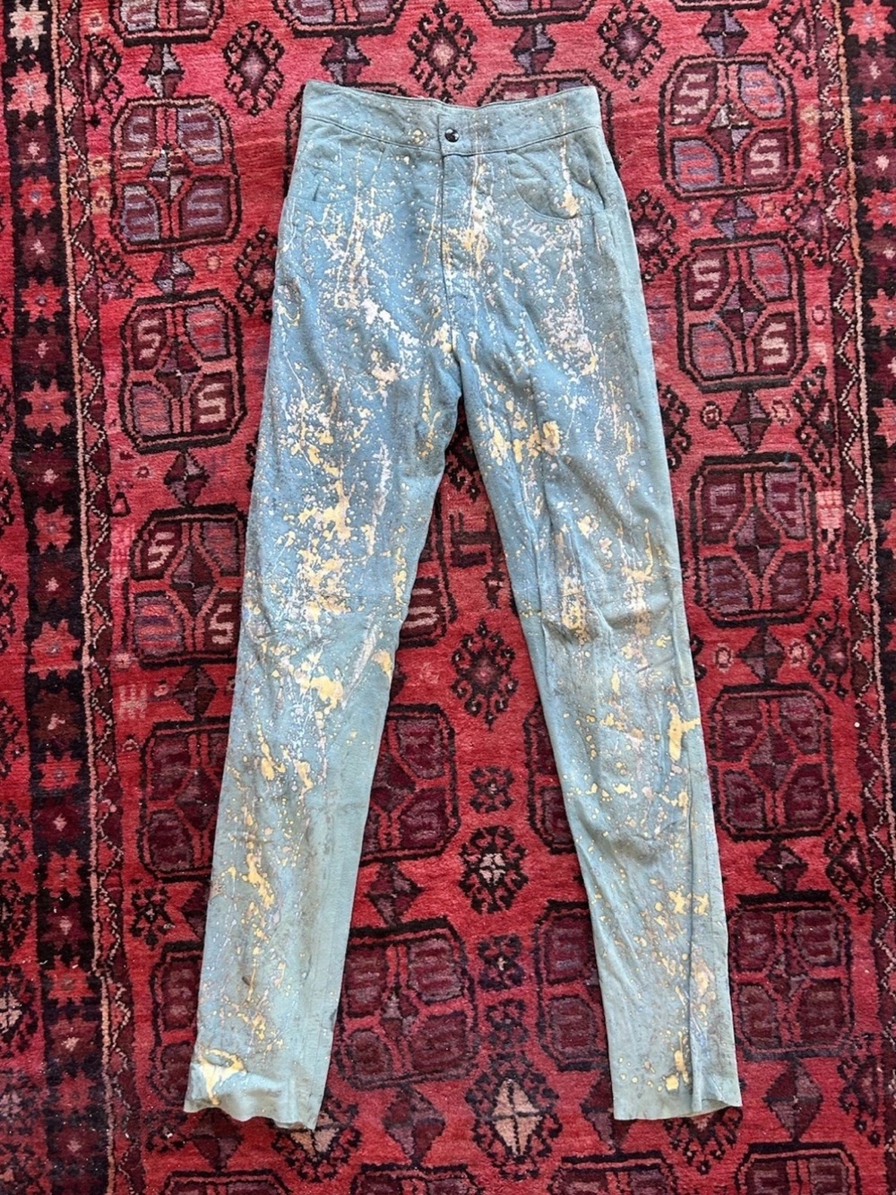 VTG Turquoise Suede Cow Hide Leather Pants Metallic Paint Splatter Design XS/S